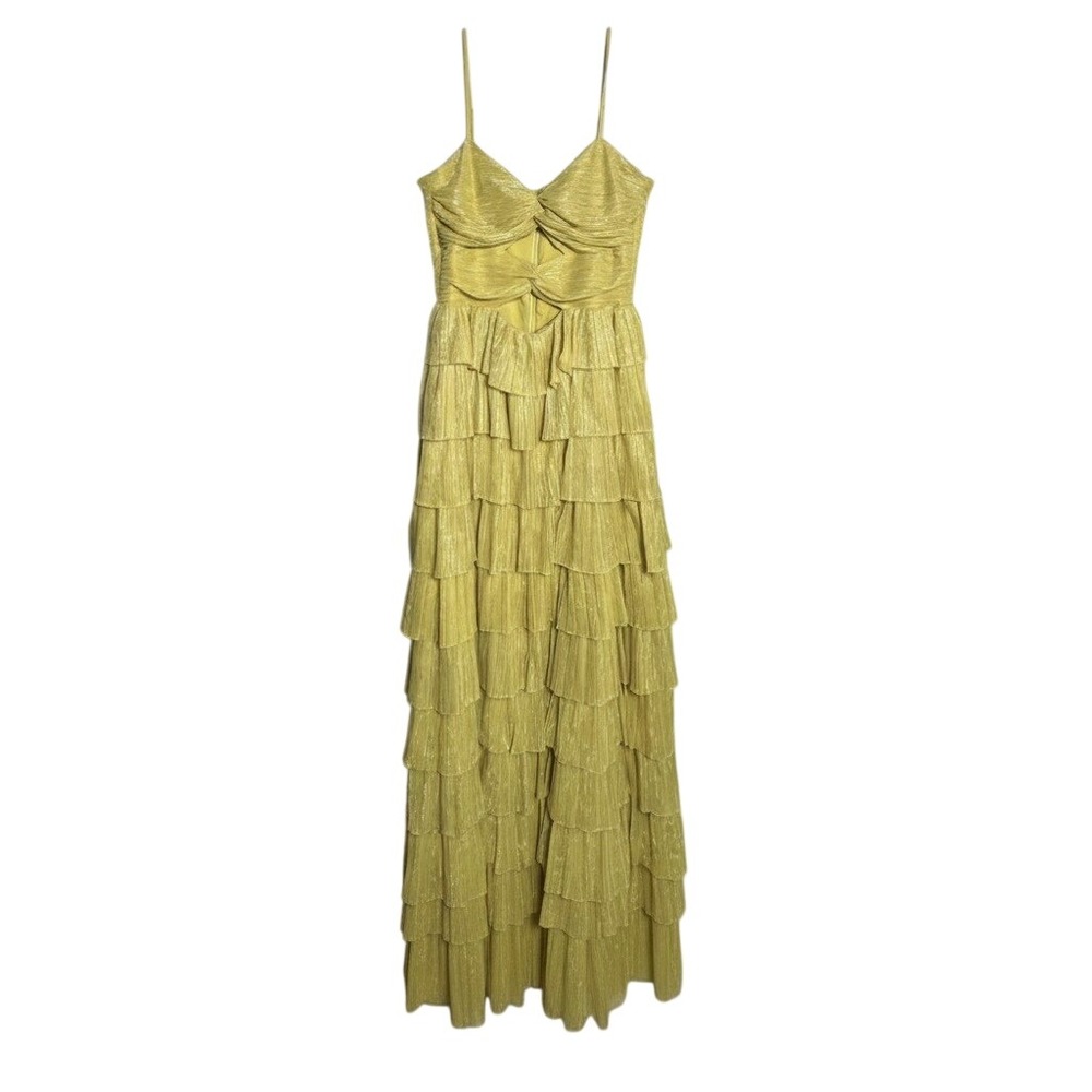 Gianni Bini Metallic Pleated Tiered Maxi Dress Chartreuse Yellow Size 10 Gown